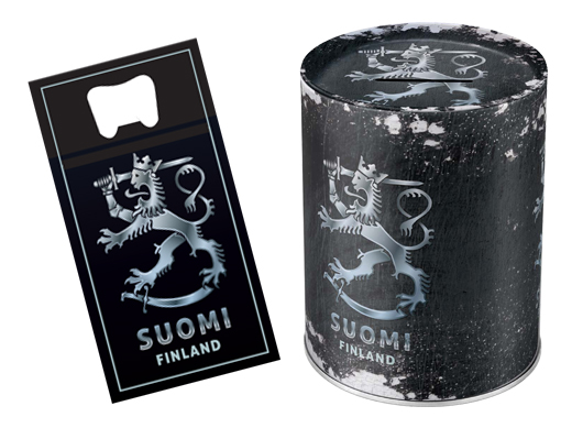 Suomileijona-pullonavaaja ja -kolikkopurkki